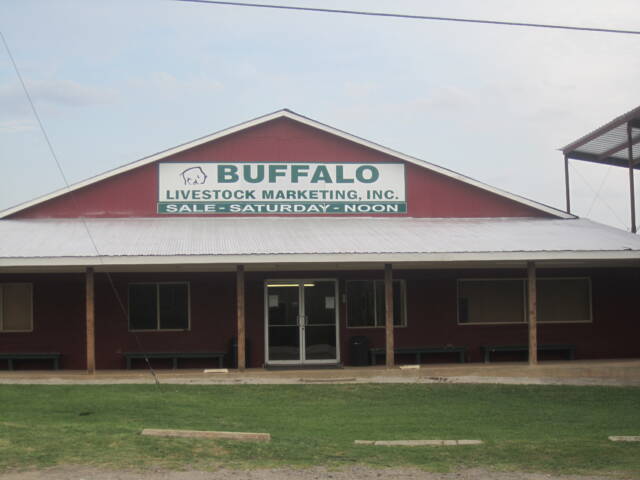 Livestock auction barn with a sign reading Sale Saturday Noon